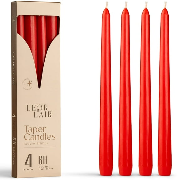 Leor & Lair Red Taper Candles - 4 Pack 10" Candles for Christmas, Valentine’s Day, Dinner, Weddings