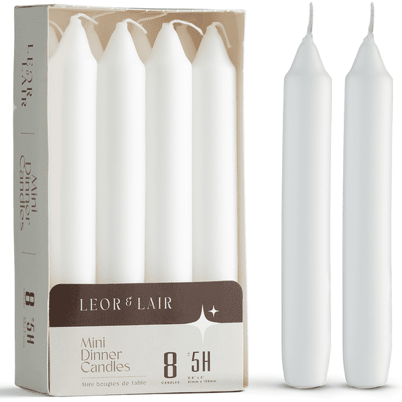 Leor & Lair Short Taper Candles - 6" White Candles, 8 Pack, for Weddings, Dinners & Home