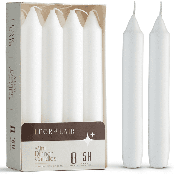 Leor & Lair Short Taper Candles - 6" White Candles, 8 Pack, for Weddings, Dinners & Home