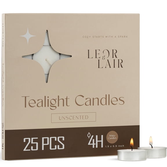 Leor & Lair Tea Light Candles - 25 Pack - 4 Hour Burn for Home & Relaxation, Unscented