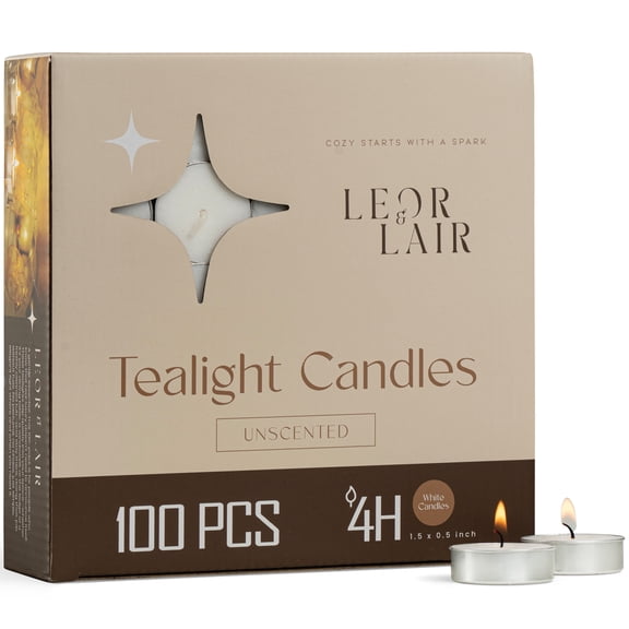Leor & Lair Tealight Candles - 100 Pack - 4 Hour Burn Bulk Tea Lights for Home & Family
