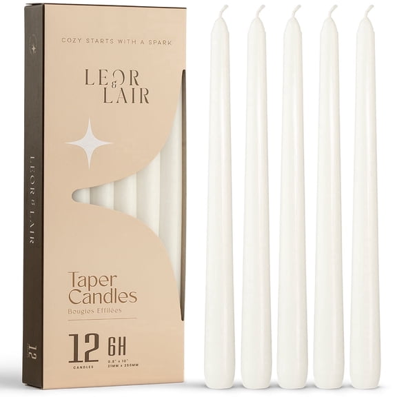 Leor & Lair White Taper Candles - 12 Pack - 10" White Candlesticks for Dinner & Home Decor