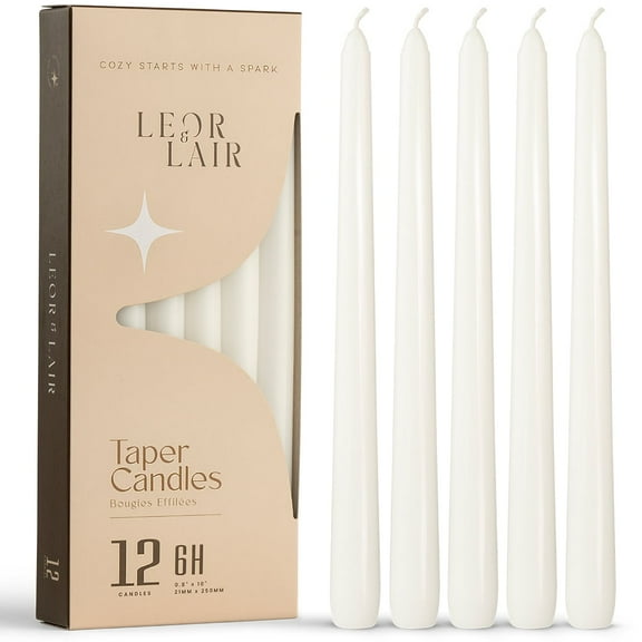 Leor & Lair White Taper Candles - 12 Pack - 10" White Candlesticks for Dinner & Home Decor