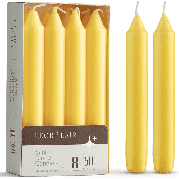 Leor & Lair Yellow Taper Candles - Pack of 8 Short Candle Sticks for Spring, Birthdays