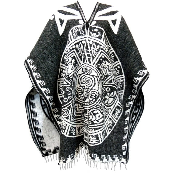 Leos Imports Authentic Mexican Poncho Reversible Cobija Blanket  Aztec Calendar (Black) One Size