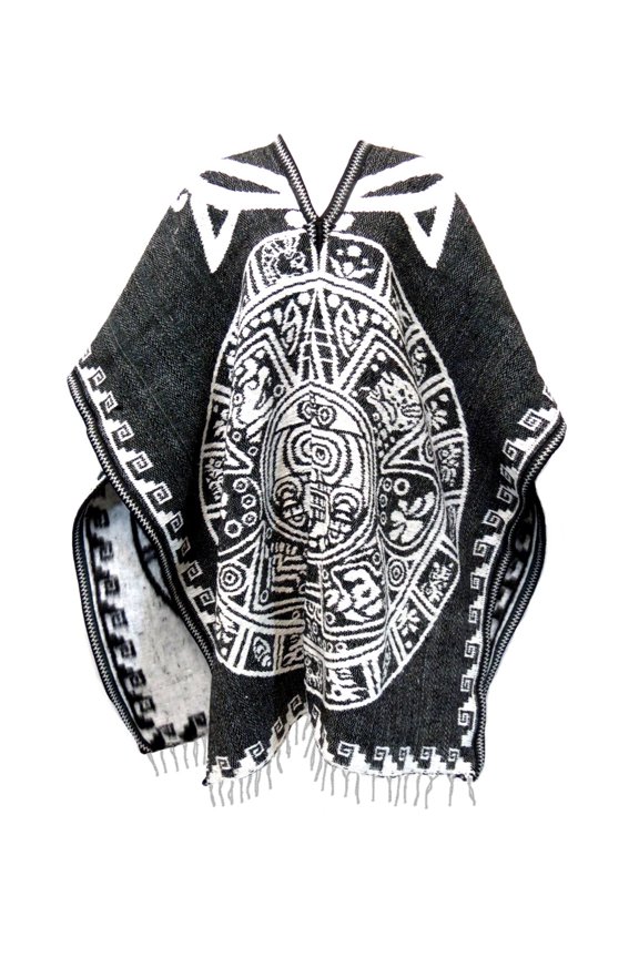 Authentic Mexican Poncho Reversible Cobija Blanket Aztec Calendar (Black) One Size