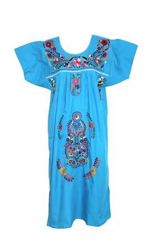 Mexican Dress Puebla (Medium, Aqua)