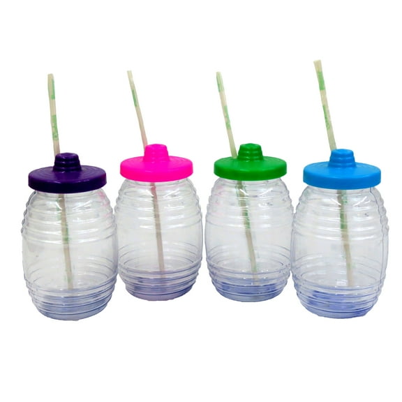 Leos Imports Plastic Mexican Style Food Storage Canister with Straw and Lid, Set of 4