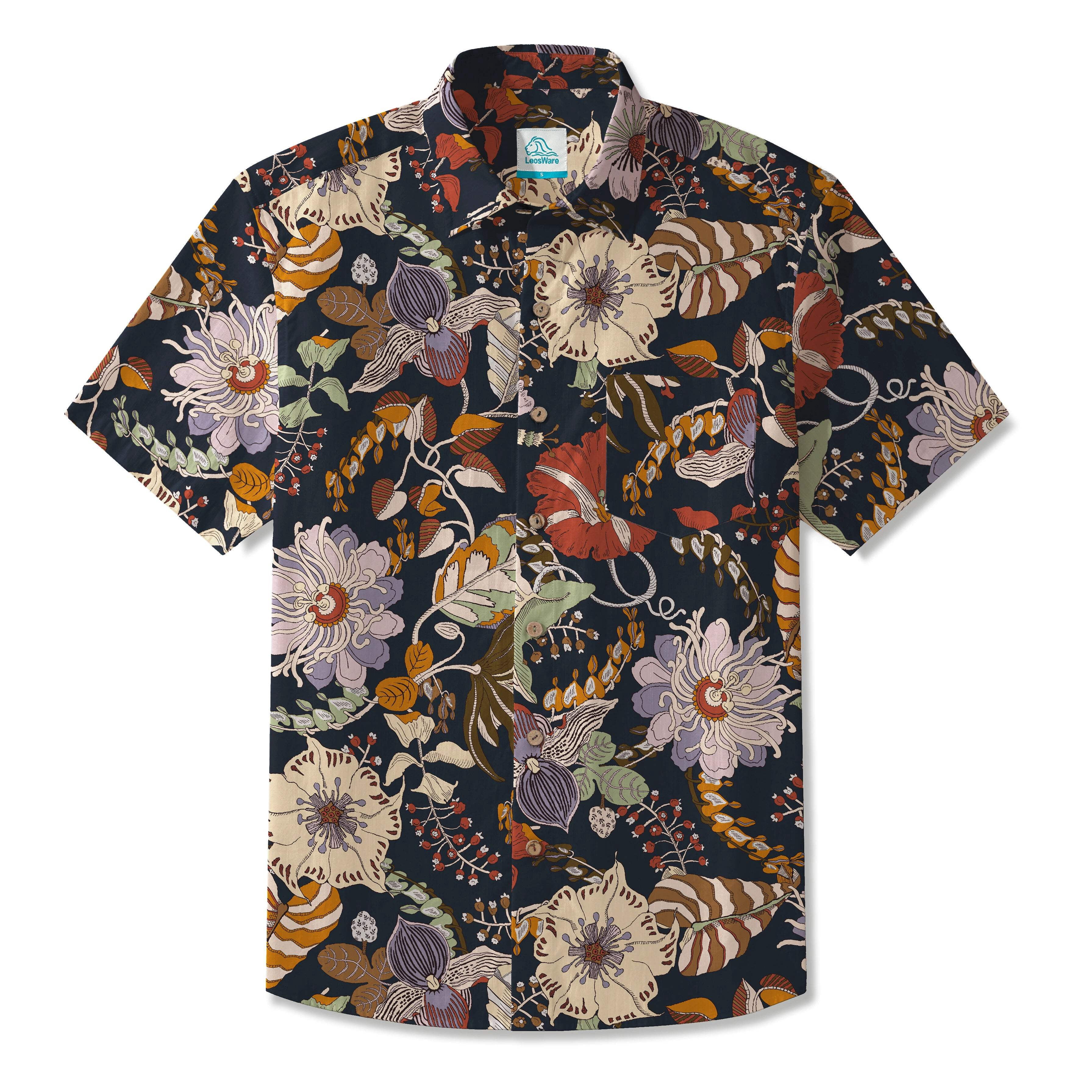 NOANOA HAWAII ネイビーマイレ柄　ショートラジャ LeosWare® Men's Hawaiian Shirt Short Sleeve Button-up 100% Cotton