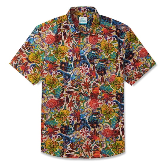 LeosWare® Men's Hawaiian Shirt Short Sleeve Button-up 100% Cotton Red Aloha Colorful Floral Fantasy