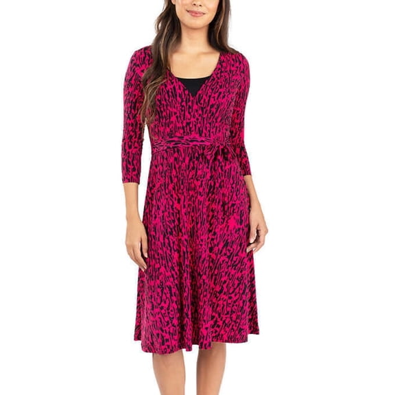 Leota Women's Casual Wrinke Free Wrap Midi Dress , Pink/Black, Small