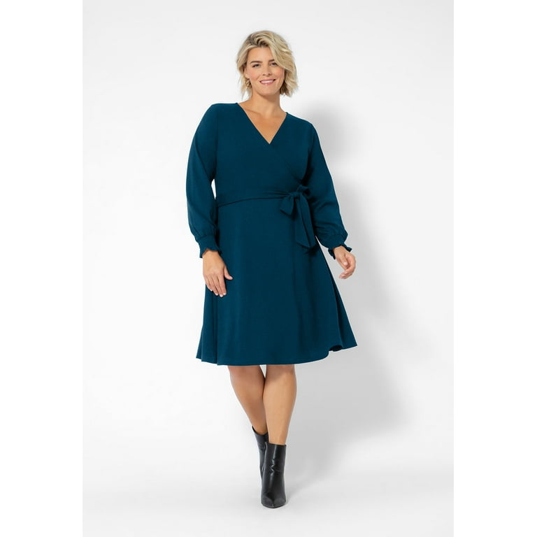 Leota Women's Long Sleeve Blouson Perfect Wrap Dress (Curve) Blue Size 2X 