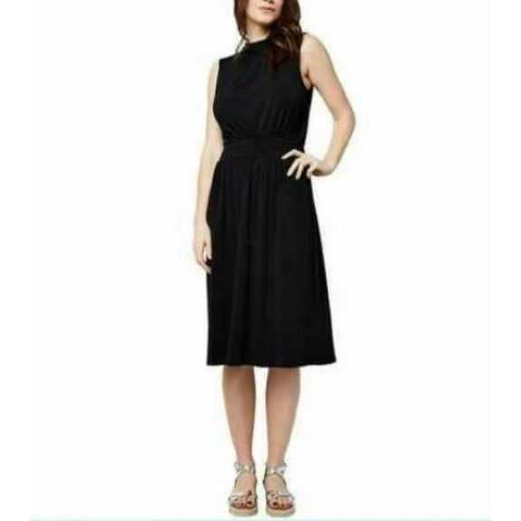 Leota Women's Mindy Shirred Dot Mock-Neck Waist Midi Dress (Black, Large)