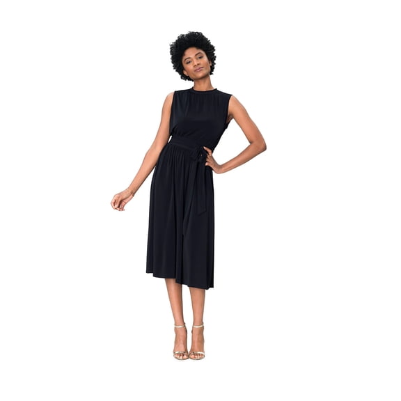Leota Women's Mindy Shirred Dot Mock-Neck Waist Midi Dress (Black, Small)