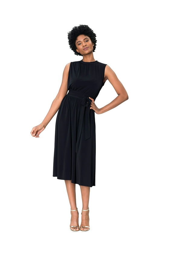 Women's Mindy Shirred Dot Mock-Neck Waist Midi Dress (Black, Small)