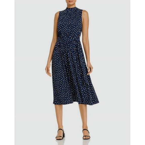 Leota Women's Mindy Shirred Dot Mock-Neck Waist Midi Dress (Blue,L)