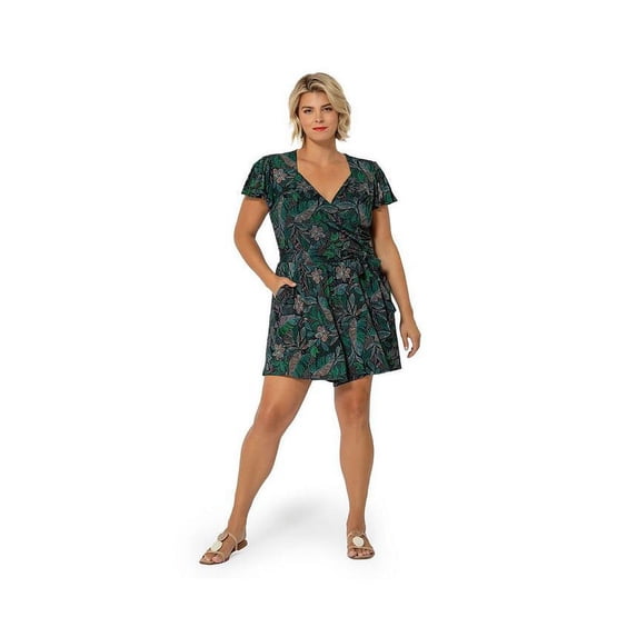 Leota Women's Tropical Print Faux Wrap Romper Green Size 2X