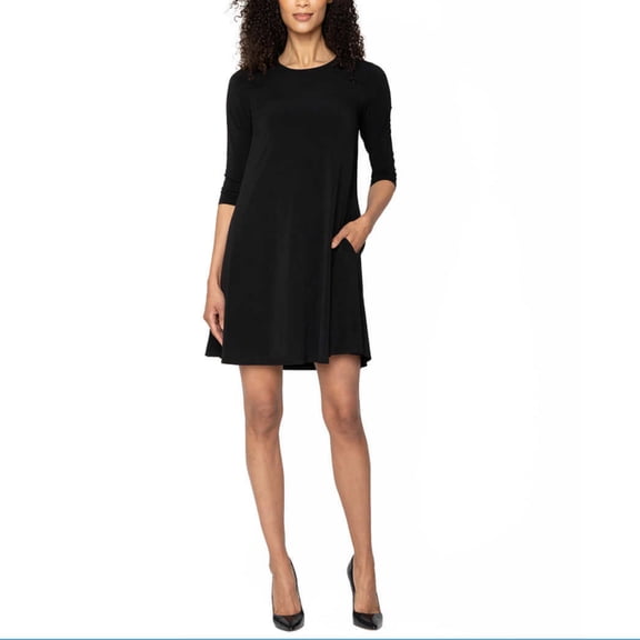Leota Women's Wrinkle-free Quarter Sleeve Swing Mini Dress-Black / XXL