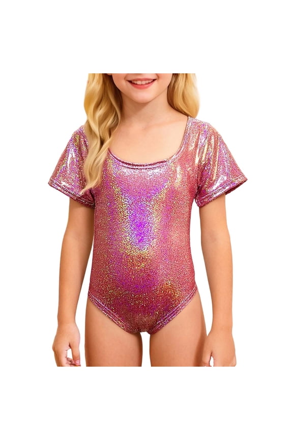 Leotards For Girls Gymnastics Toddler Ruffle Sleeve Dance Sequin Athletic Dance Wear Shiny Rainbow Hot Pink 120