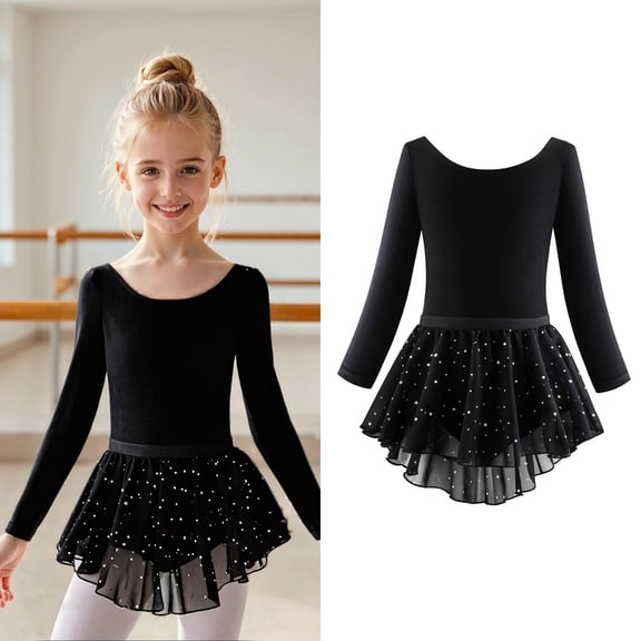 Leotards for Girls Ballet Classic Long Sleeve Black Leotard Girls with Skirt Kids Ballet Outfit Leotard for Girls 5-6 Years