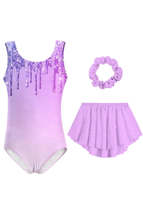 Girls Gymnastics Leotards Sleeveless Ballet Leotard for Girl Dance Outfit with Skirt Hair Scrunchie 5-9 Years