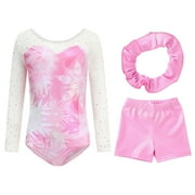 Ingzy Girls Gymnastics 3-Piece Leotard Set - Long Sleeve Sparkly Rhinestone Outfit with Shorts & Hairband | Ballet Dance Biketard Activewear for 5-12 Years