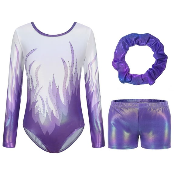 Ingzy Girls Gymnastics 3-Piece Leotard Set - Long Sleeve Sparkly Rhinestone Outfit with Shorts & Hairband | Ballet Dance Biketard Activewear for 5-12 Years