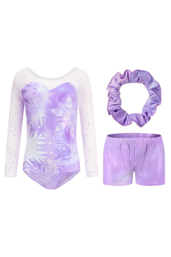 Girls Gymnastics 3-Piece Leotard Set - Long Sleeve Sparkly Rhinestone Outfit with Shorts & Hairband | Ballet Dance Biketard Activewear for 5-12 Years