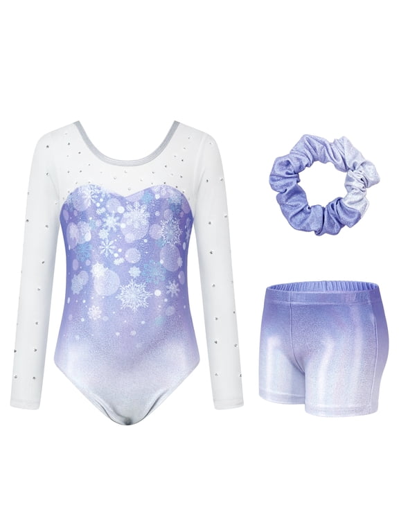 Girls Gymnastics Leotards, Long Sleeve Rhinestone toddler dance outfits with Shorts for Tumbling Ballet