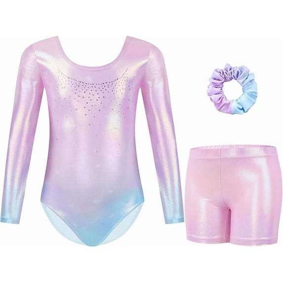 Leotards for Girls Gymnastics,Long Sleeve Sparkly Dance Biketards with Shorts Ballet Tumbling Outfit for 5-10 Years