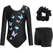 Leotards for Girls Gymnastics, Long Sleeve Sparkly Lively Butterfly Print Dance Biketards with Shorts Ballet Tumbling Outfit for 5-10 Years