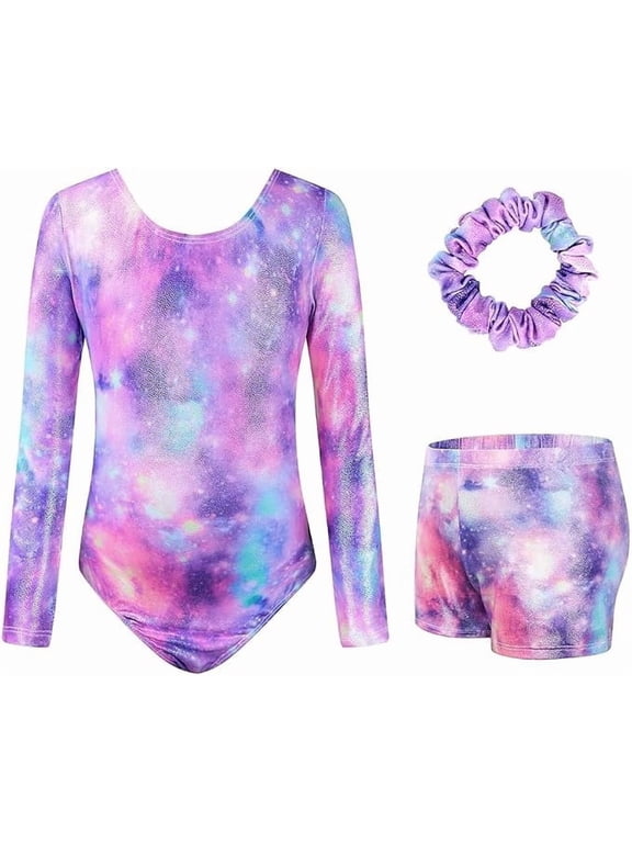 Gymnastics Leotards For Girls,Long Sleeve Sparkly Dance Biketards with Shorts Ballet Tumbling Outfit for 5-10 Years