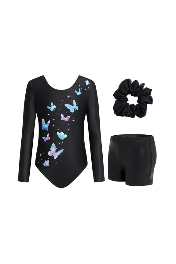 Leotards for Girls Gymnastics, Long Sleeve Sparkly Dance Biketards with Shorts Ballet Tumbling Outfit for 3-12 Years