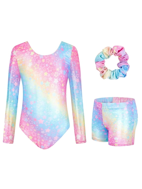 Leotards for Girls Gymnastics,Long Sleeve Sparkly Dance Biketards with Shorts Ballet Tumbling Outfit for 3-12 Years
