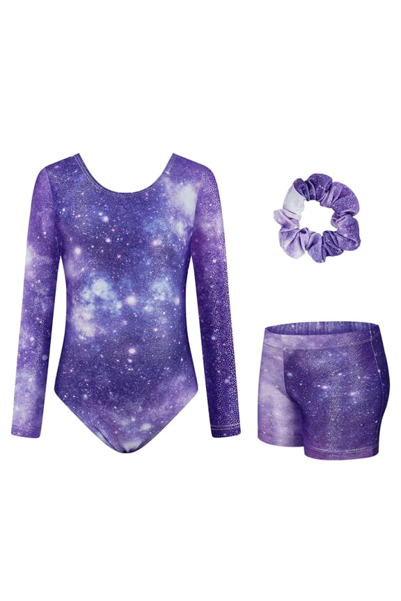Toddler Leotard Gymnastics 3PC Long Sleeve Sparkly with Shorts for Tumbling Outfits Dance Gymnastics Gifts for Girls Size 3-12 Light Purple