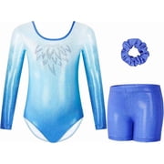 Gymnastics Leotards for Girls,Long Sleeve Sparkly Gradient Purple Dance Biketards with Shorts Ballet Tumbling Outfit for 5-10 Years