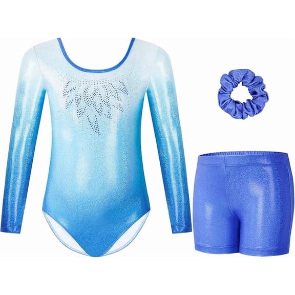 Gymnastics Leotards for Girls,Long Sleeve Sparkly Gradient Purple Dance Biketards with Shorts Ballet Tumbling Outfit for 5-10 Years
