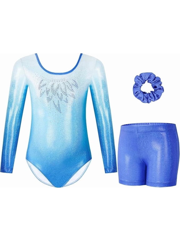 Gymnastics Leotards for Girls,Long Sleeve Sparkly Gradient Purple Dance Biketards with Shorts Ballet Tumbling Outfit for 5-10 Years