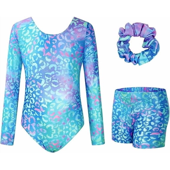 Leotards for Girls Gymnastics, Long Sleeve Sparkly Dance Biketards with Shorts Ballet Tumbling Outfit for 3-12 Years