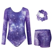 Gymnastics Leotards For Girls,Long Sleeve Sparkly Dance Biketards with Shorts Ballet Tumbling Outfit for 5-10 Years