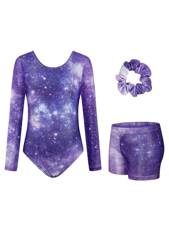 Gymnastics Leotards For Girls,Long Sleeve Sparkly Dance Biketards with Shorts Ballet Tumbling Outfit for 5-10 Years