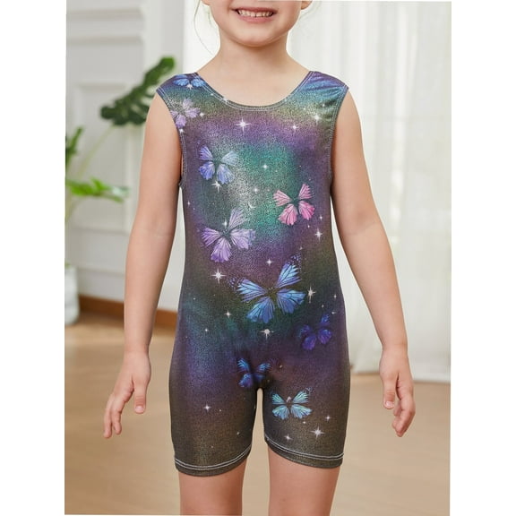 Leotards for Girls Gymnastics with Shorts Colorful Butterfly Shiny Diamond Kids Biketard