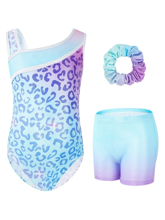 Leotards for Girls Gymnastics with Y-neck,Sparkly Dance Unitards with Shorts Biketards Outfit for 3-12 Years