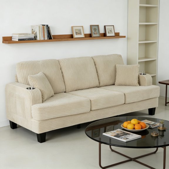 Leovanni 3-Seater 84“ Modern Corduroy-Style Chenille Sofa with Stainless Steel Cup Holders, USB Charging Ports, Side Storage Pockets, High-Resilience Foam, Beige