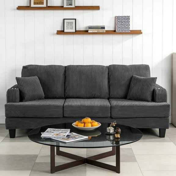 Leovanni 3-Seater 84“ Modern Corduroy-Style Chenille Sofa with Stainless Steel Cup Holders, USB Charging Ports, Side Storage Pockets, High-Resilience Foam, Dark Gray