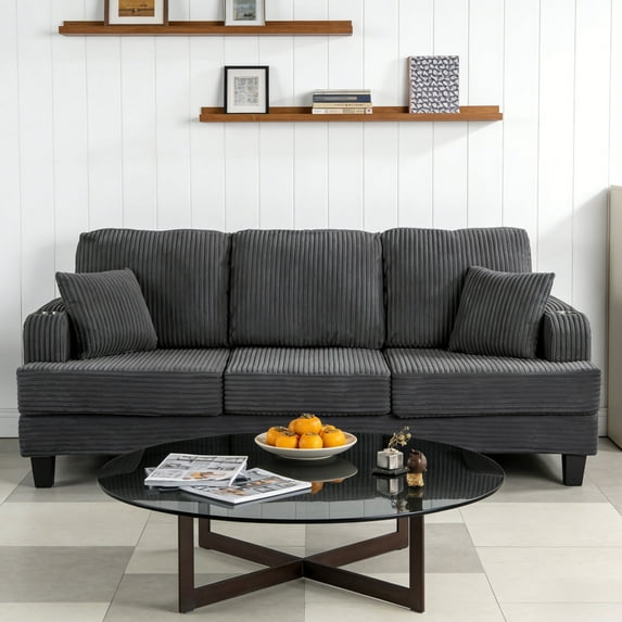 Leovanni 3-Seater 84“ Modern Corduroy-Style Chenille Sofa with Stainless Steel Cup Holders, USB Charging Ports, Side Storage Pockets, High-Resilience Foam, Dark Gray