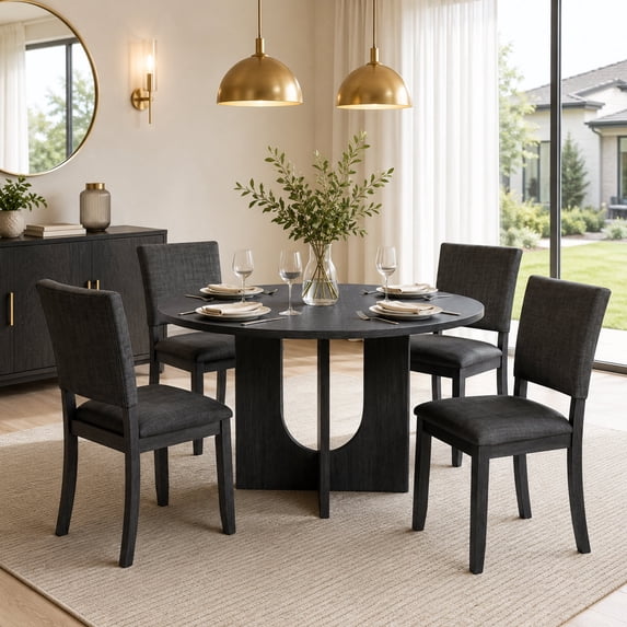 Leovanni 48inch Round Dining Table Set for 4 Modern Solid Wood 5-Piece Kitchen & Dining Room Set with Upholstered Chairs Pedestal Base, Dark Gray
