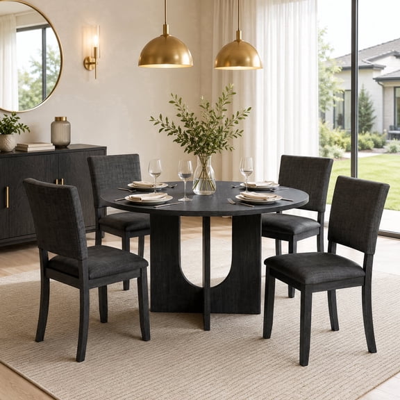 Leovanni 48inch Round Dining Table Set for 4 Modern 5-Piece Kitchen & Dining Room Set with Upholstered Chairs Pedestal Base, Dark Gray