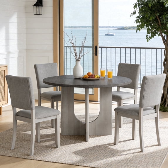 Leovanni 48inch Round Dining Table Set for 4 Modern Solid Wood 5-Piece Kitchen & Dining Room Set with Upholstered Chairs Pedestal Base, Gray