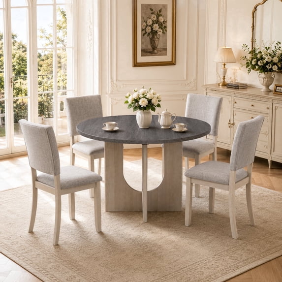 Leovanni 48inch Round Dining Table Set for 4 Modern Solid Wood 5-Piece Kitchen & Dining Room Set with Upholstered Chairs Pedestal Base, Gray